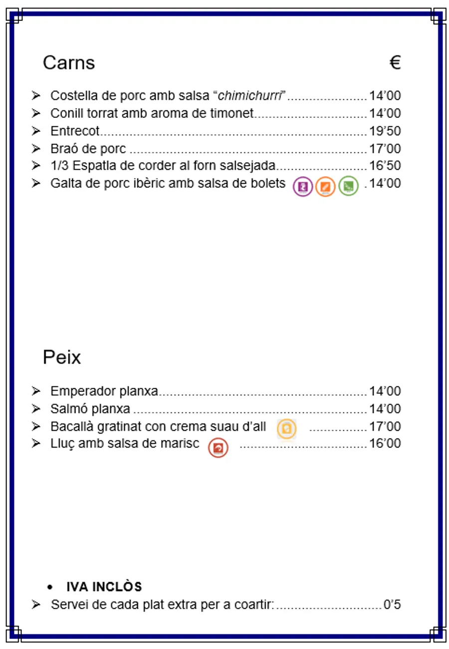 Pàgina de la carta del restaurant