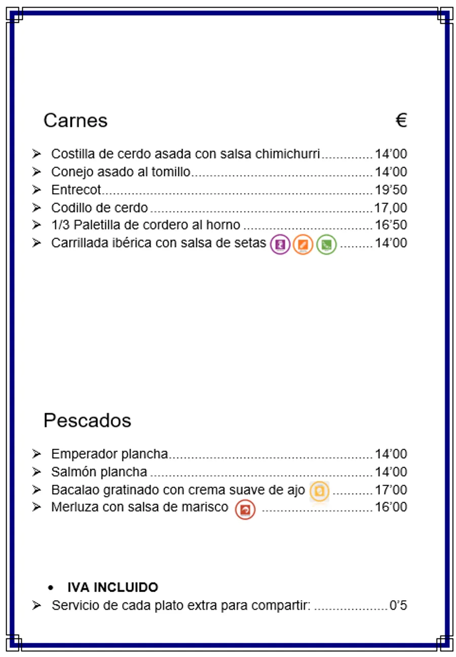 Página de la carta del restaurante