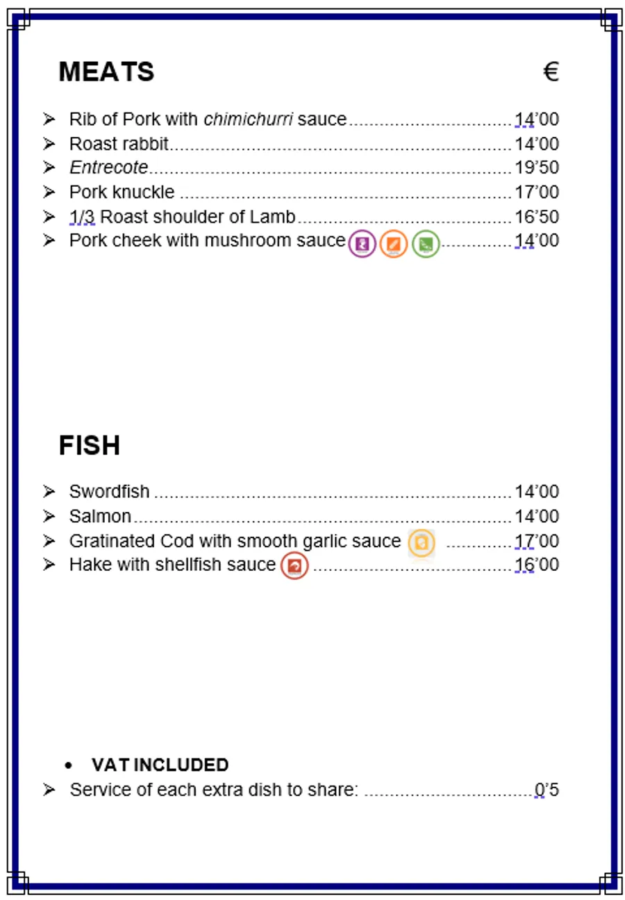 Restaurant menu page