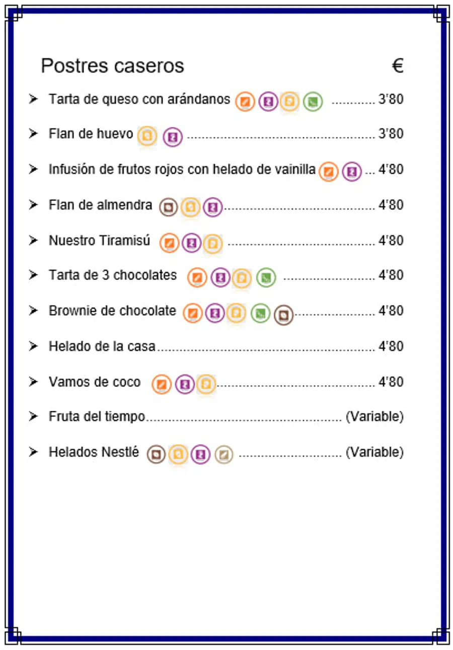 Carta de postres caseros