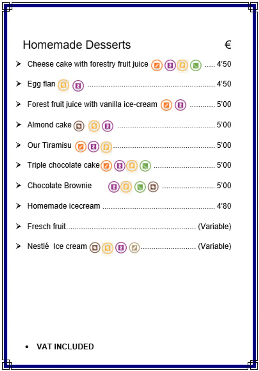 Home-made desserts menu