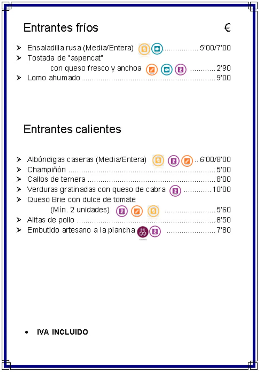 Carta de tapas del restaurante