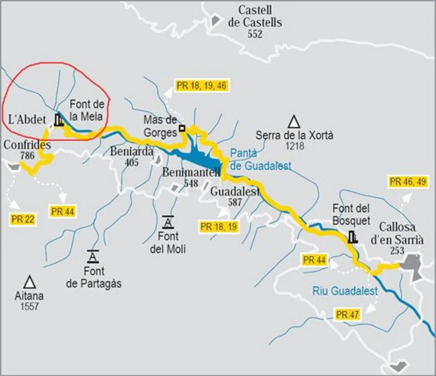 Mapa de la zona del barranco de Guadalest